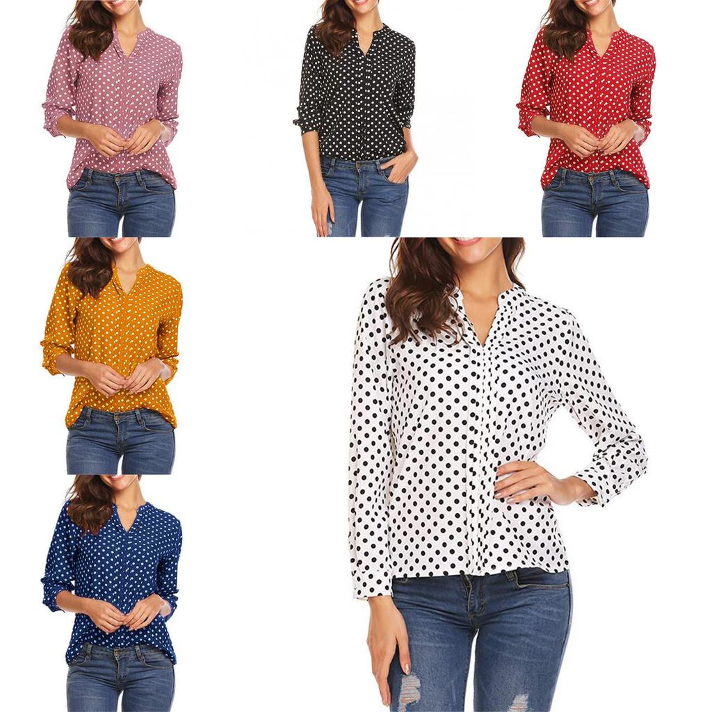 Womens Long Sleeve Dot Print Cotton Linen Shirt With U Neck For Casual Office Wear