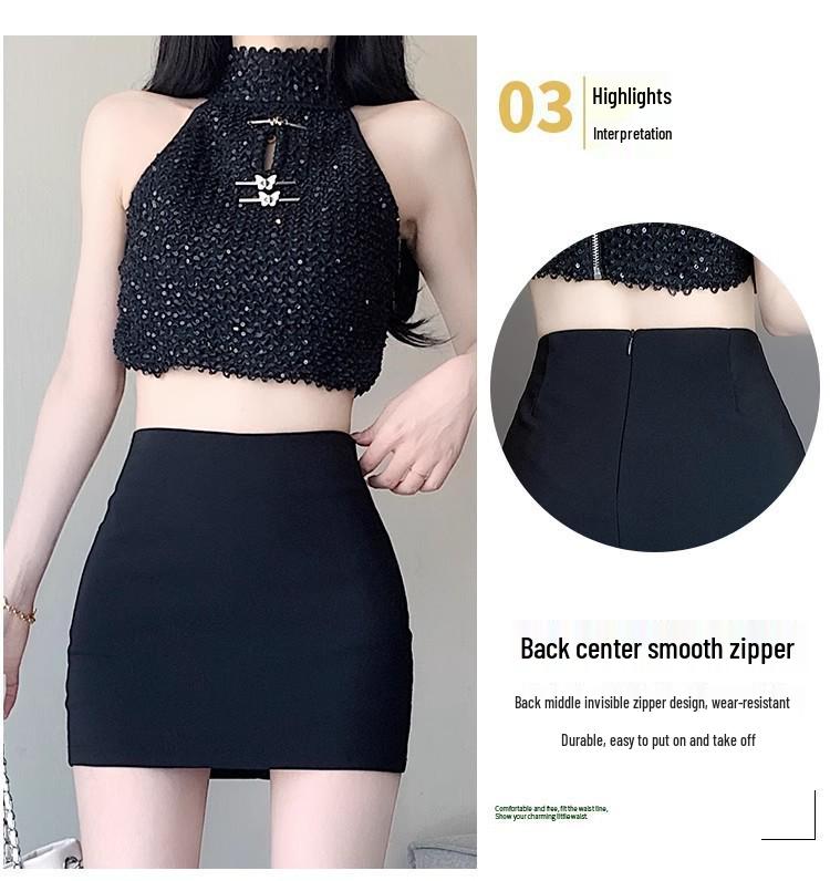 2025 Новая черная юбка миди А-силуэта: Приталенный силуэт, универсальный летний стиль для женщин