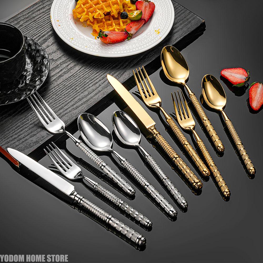 Light Luxury Stainless Steel Tableware Embossed Floral Pattern Knife Fork Spoon Set Durable Silverware for Home Restaurant