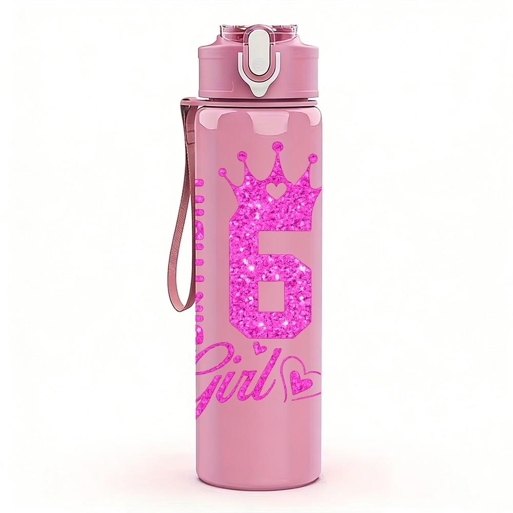 1PC 6 Birthday Girl Party Text Print 750ml Color Plastic Sports Water Bottle Leakproof Flip Straw Lid Suitable for Sports Office Home Use