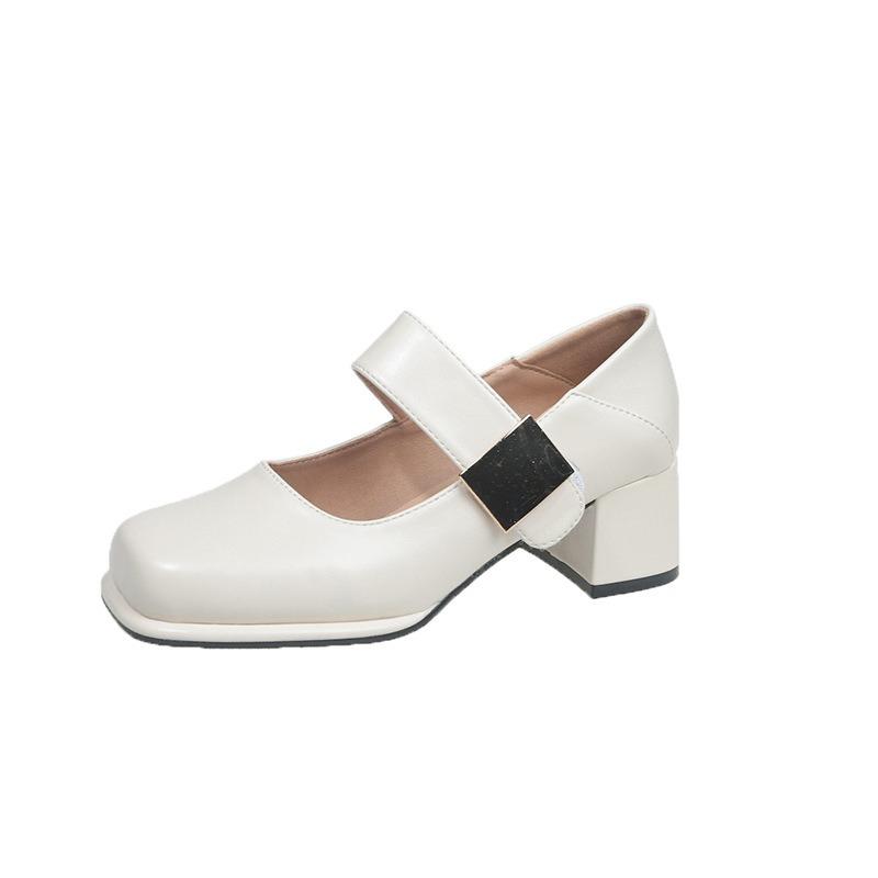 Retro Square Head Word with Thick Heel Mary Jane Shoes Literary Small Leather Shoes Women's Shoes Versatile High Heel Single Shoes Women