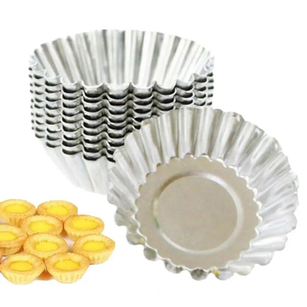 50Pcs Reusable Egg Tart Cup Mold Non-Stick Aluminium Alloy Kitchen Baking Mold Fluted Round Flower Shape Tart Muffin Molds