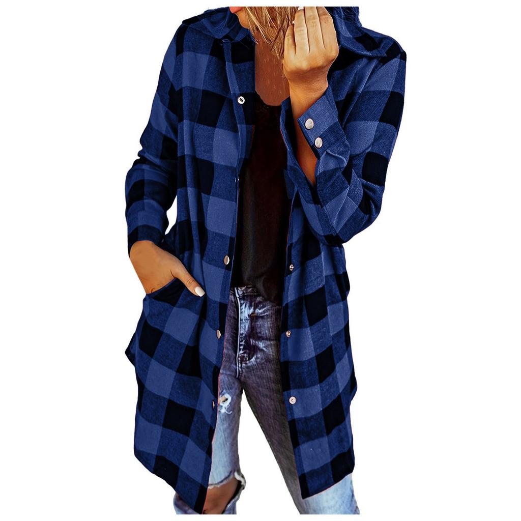 Модные женские повседневные карманы с решетчатым принтом и длинными рукавами, куртка, пальто