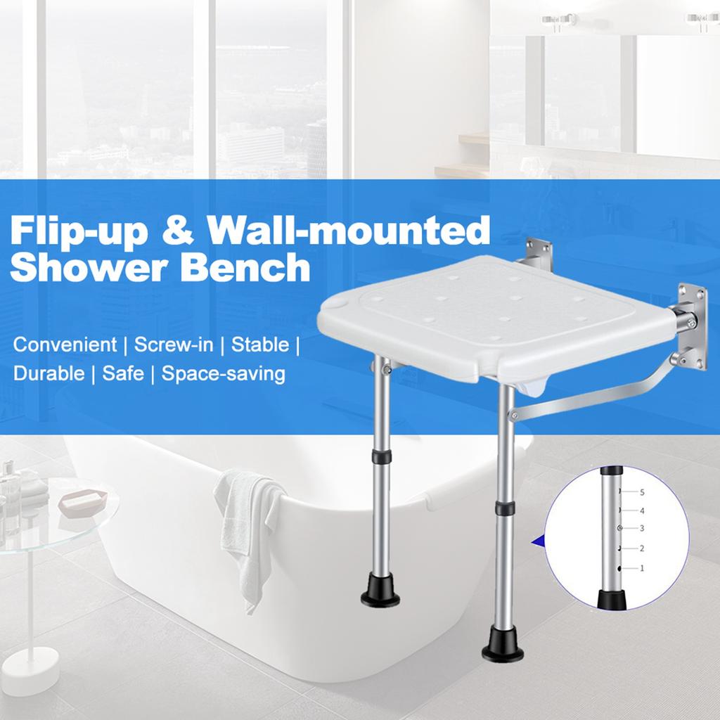 Folding Shower Bench Wall Mounted Flip Up Bath Seat Screw In Bathroom Chair Stool with Non Slip Feet Drainage Holes