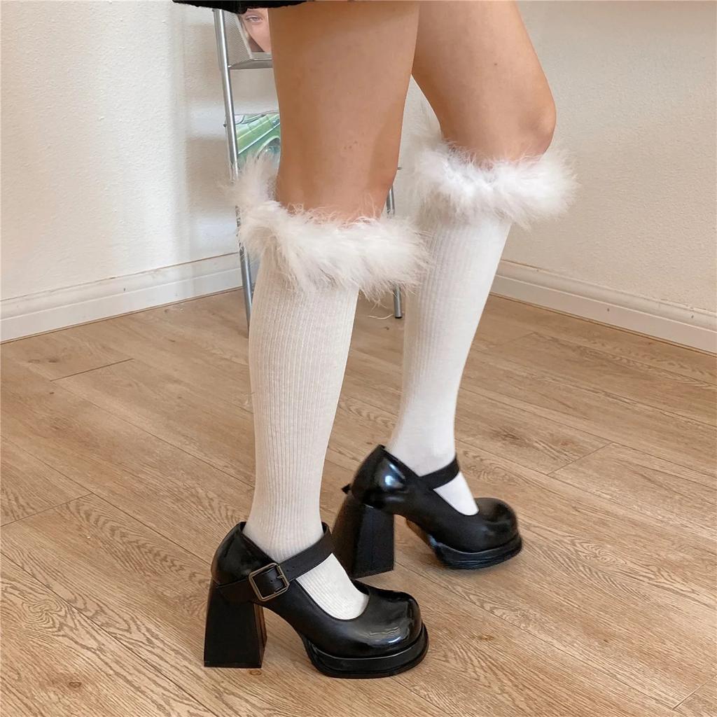 Носки с оборками и перьями, чулки для женщин, JK Girls, однотонные, черные, белые, длинные, женские чулки, Лолита, кавайные, милые, гольфы
