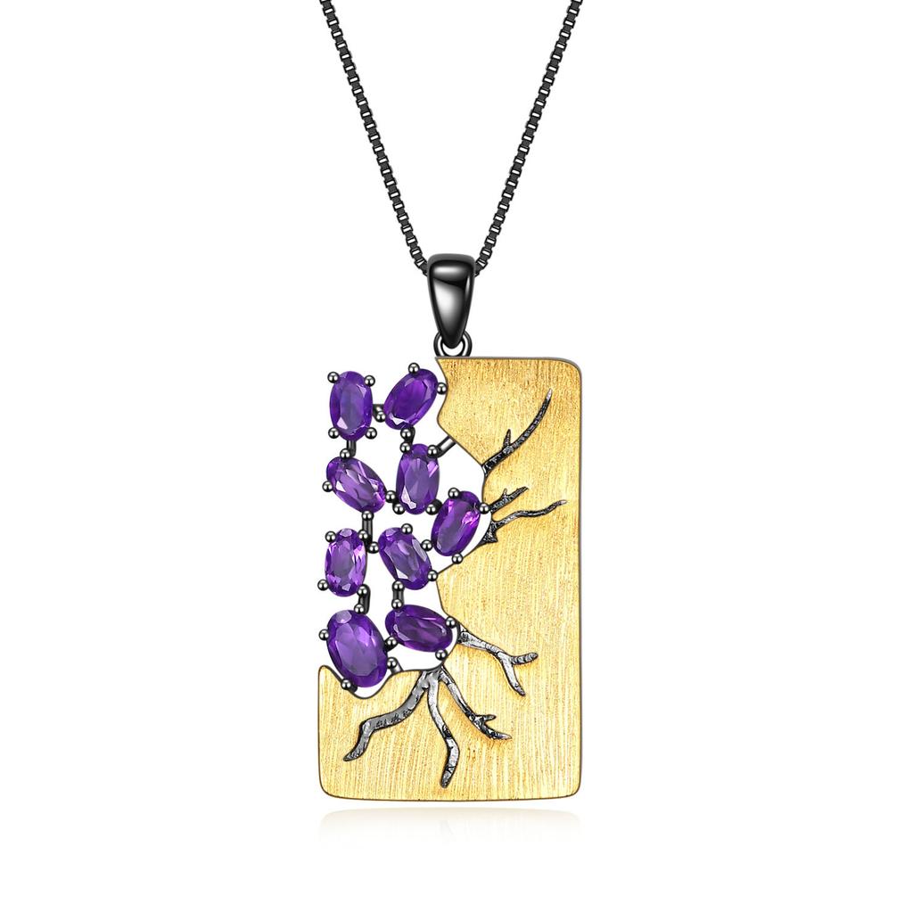 Italian Retro Original Designer Jewelry S925 Silver Gold-plated Natural Colored Treasure Amethyst Necklace Pendant