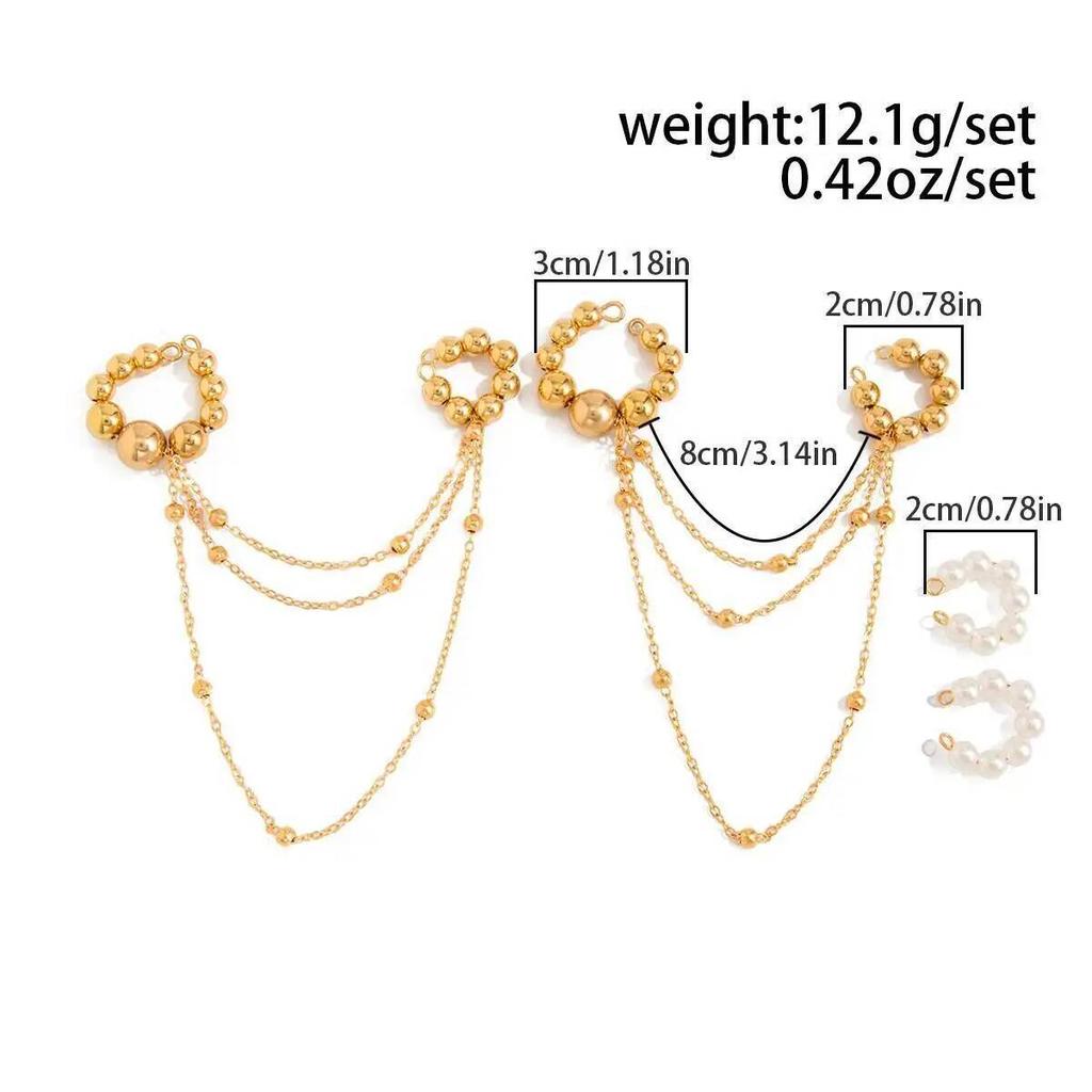 Salircon 2026 New Exquisite Imitation Pearl Metal Long Tassel C-Shaped Piercing Earring Women Holes Earbone Clip Earring Jewelry