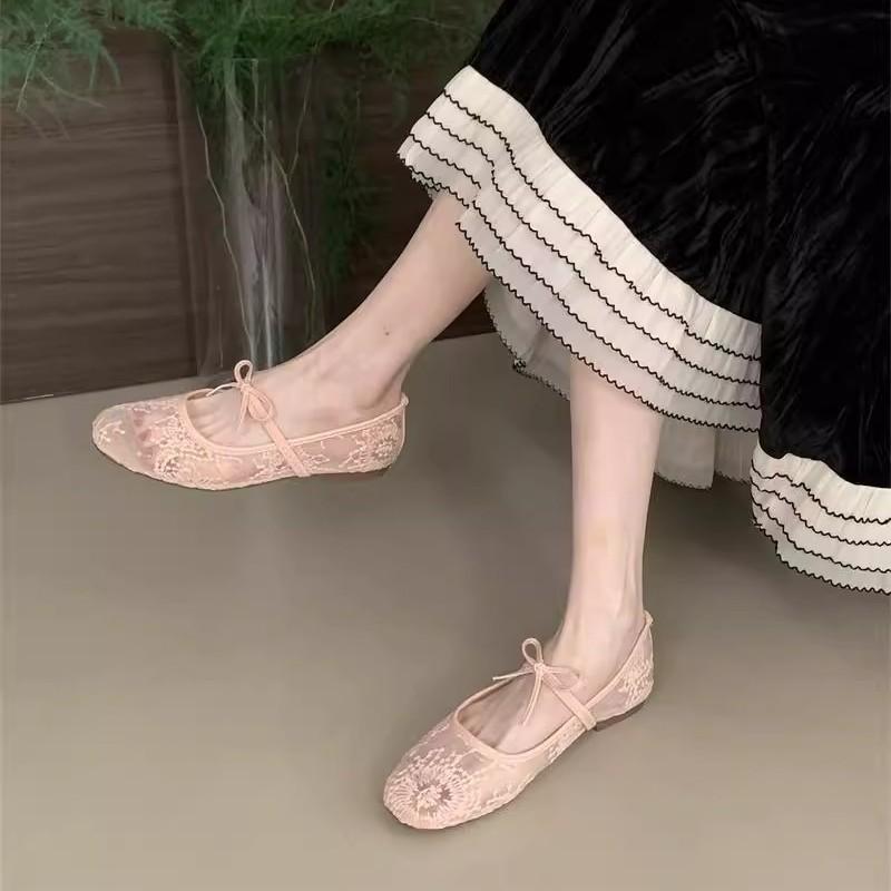 Gentle Evening Breeze Bow Ballet Shoes Girl 2025 New Fairy Hollow Mesh Lace Embroidered Shoes Single Shoes