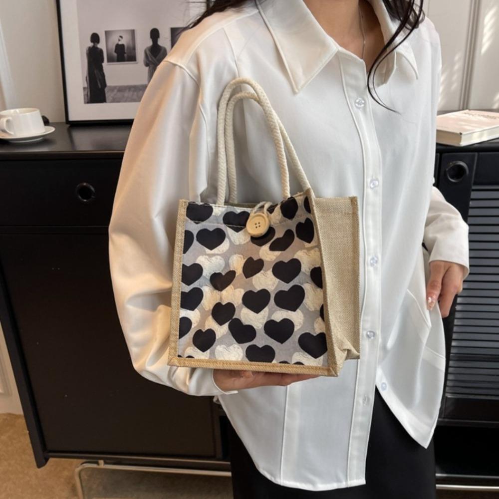 Button Flower Linen Bag Large Capacity Linen Handbag Shoulder Bag Love Heart Tote Bag  Shopping