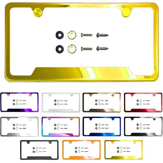 Рамка номерного знака с вырезом в нижнем углу, зеркальная хромированная электрогальваническая обработка цвета розового золота, универсальная посадка, алюминиевая накладка-крышка на винтах, нержавеющая сталь T304
