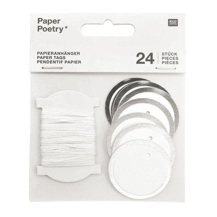 24 Round White Hang Tags with Silver Outline
