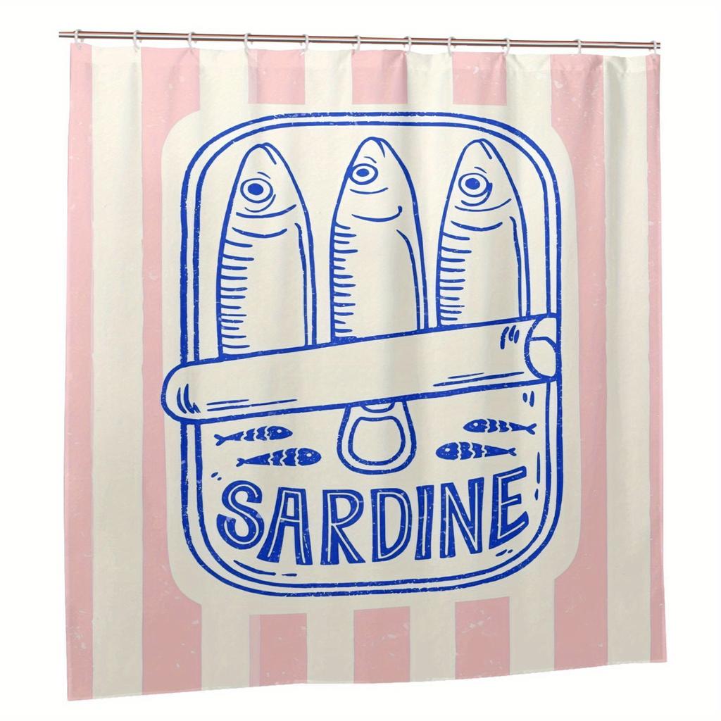Sardine-Inspired Fashionable Shower Curtain With Hooks - Removable, Durable Polyester, Pink & White Striped Design With Fish