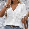 Женские модные повседневные летние весенние однотонные блузки и рубашки с v-образным вырезом и короткими рукавами с принтом