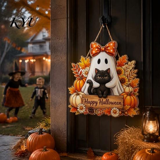 Festive Window Hanging Halloween Wooden Sign, Happy Door Sign with Gnomes/Ghosts, Retro Decorative Wood Board Autumn Harvest Festival Wall Decoration