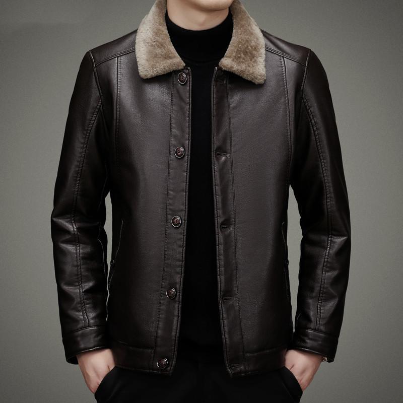 Мужская куртка из натуральной кожи с бархатом и утолщенным зимним мехом, универсальная мужская кожаная куртка на пуговицах для пап среднего возраста с пальто с лацканами