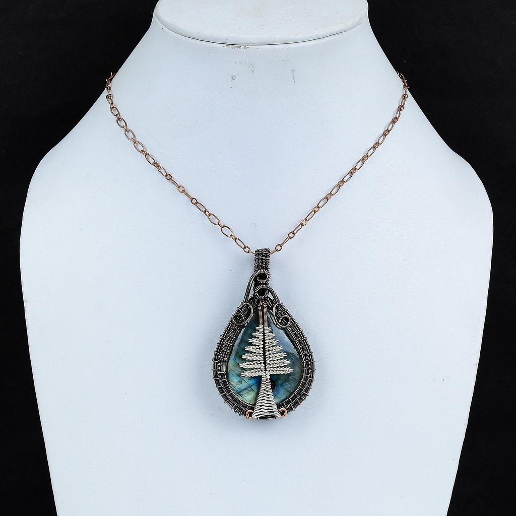 Подвеска Древо Жизни с Лабрадоритом, Подвеска из Натурального Камня Ручной Работы, Обернутая Медной Проволокой 999 пробы, Антикварное Ювелирное Изделие, Для Подарка, Серебряное Ювелирное Изделие