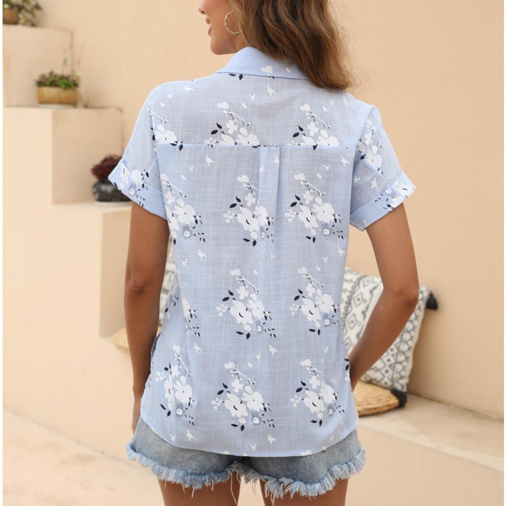 GMXIA Женская мода повседневная летняя блузка с цветочным принтом и воротником-поло с коротким рукавом и рубашками