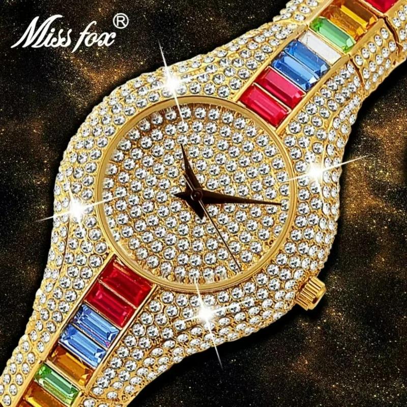 Часы MISSFOX для женщин, роскошные, Iced Out Bling, кварцевые наручные часы, модные, радужные, с бриллиантами, ювелирные изделия, женские часы