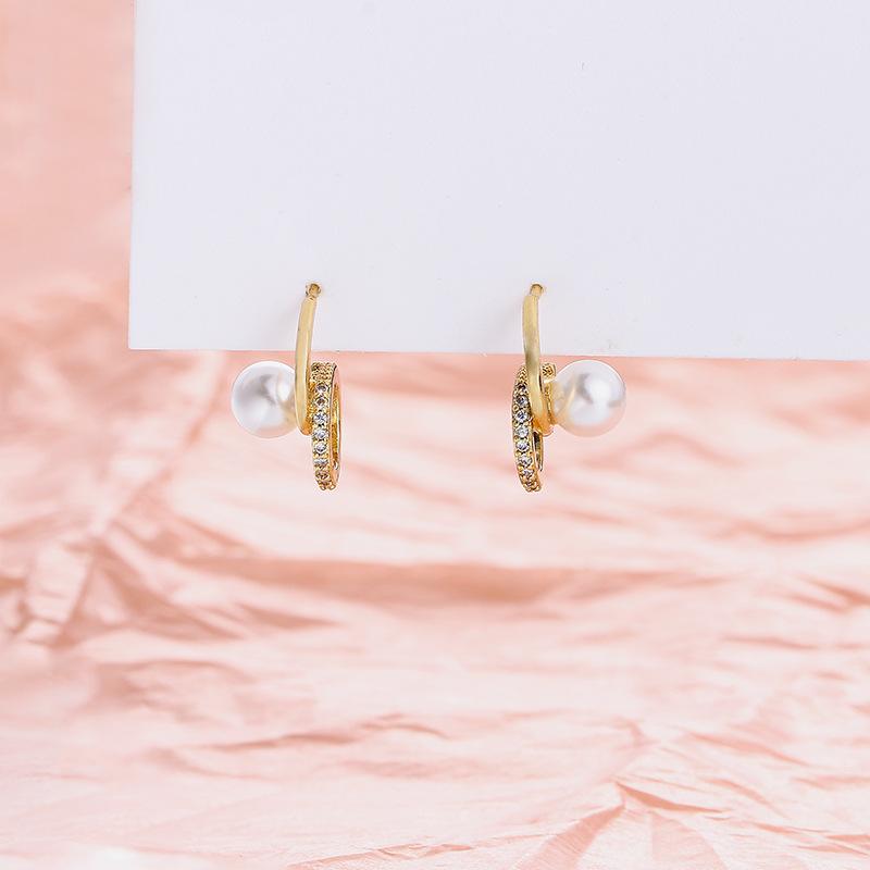 Designer Geometric Double Circle Zircon Stud Earrings Small Fragrant Celebrity Elegant Atmospheric Pearl Earrings