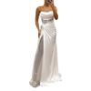Lady Evening Dress Bandeau Off Shoulder Sleeveless Pleated Knot Mesh Patchwork Shiny Sequin Ball Gown Satin Floor Length Banquet Prom Maxi Dress