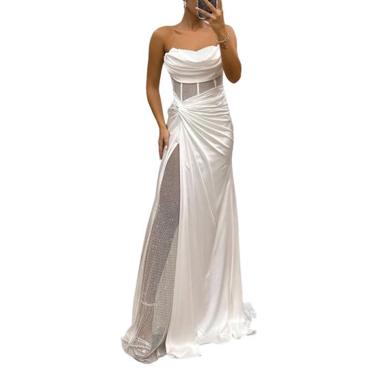 Lady Evening Dress Bandeau Off Shoulder Sleeveless Pleated Knot Mesh Patchwork Shiny Sequin Ball Gown Satin Floor Length Banquet Prom Maxi Dress
