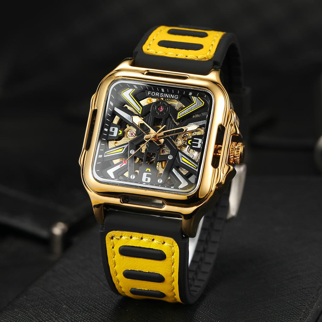 Luxury Square Transparent Skeleton Mens Watches Field Sports Rubber Band Mechanical Watch Luminous Waterproof Reloj Hombre 2024