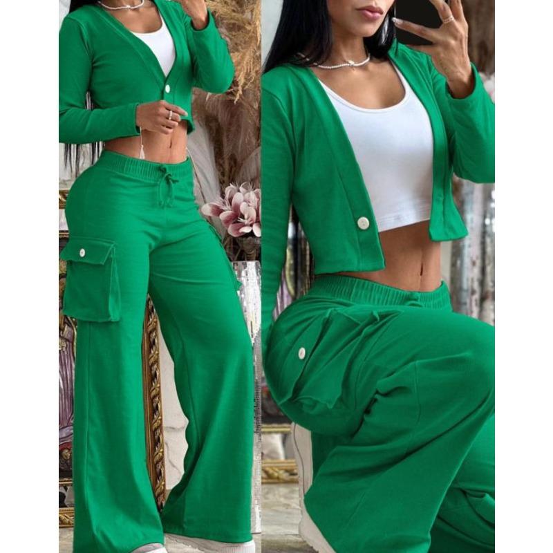 Женская мода весна осень однотонный принт длинный рукав V-образный вырез брюки костюмы повседневный костюм