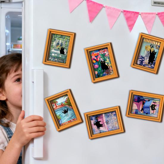Photo Frame Refrigerator Magnets Oil Painting Cat Magnet, Wooden Black Magnetic Magnet Theme Retro Rectangle Decoration Decorative Fridge