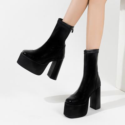 Женские ботильоны на высоком каблуке 10 см, водонепроницаемой платформе и толстом каблуке, большого размера 34-42, эластичные носки-ботинки, квадратный носок, на четыре сезона, короткие
