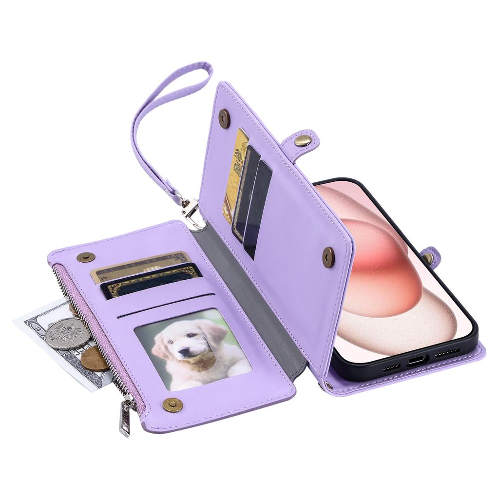 015 Style For iPhone 15 Leather Case Zipper Pocket Shockproof Phone Cover