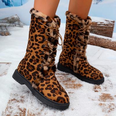 Модные зимние новые хлопковые сапоги на низком каблуке, женские сапоги с круглым носком и леопардовым принтом спереди, со шнуровкой, противоскользящие, износостойкие, до середины голени