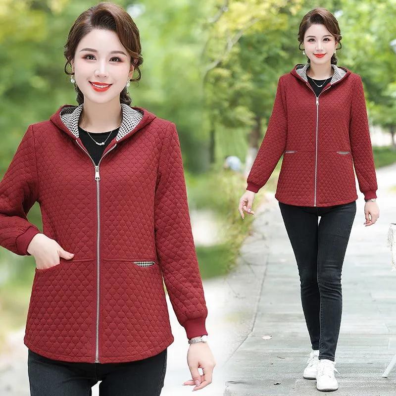 Women's Spring Short Hooded Jacket, Middle Aged and Elderly, Solid Color Style, Slim Fit Jacket
