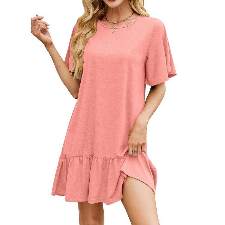 Loose Casual Dress Women Short Sleeve Summer Ruched Solid Color Crew Neck Spring Leisure Trade
