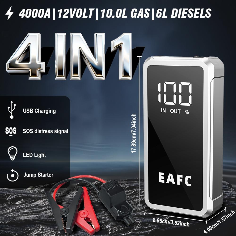 EAFC Портативный пуско-зарядное устройство для автомобиля 4000А Пик 12В, Power Bank, Инструмент для аварийного запуска автомобиля, для бензиновых двигателей до 10.0 л / дизельных до 6.0 л с умными зажимами