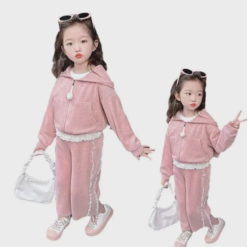 2024 Fashionable Girls' Long-Sleeve Sweatshirt Jackets and Casual Trousers for Autumn/Winter