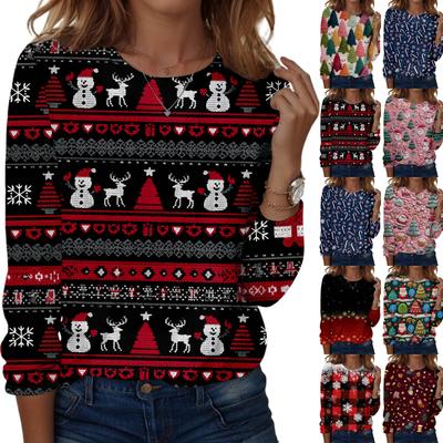 Женская модная повседневная кофта с длинным рукавом, рождественским принтом и круглым вырезом