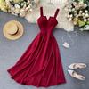 Summer Fashion V-Neck Open Back Strap Dress Vintage Solid Tone Waist Slim High Waist Swing Long Party Dress