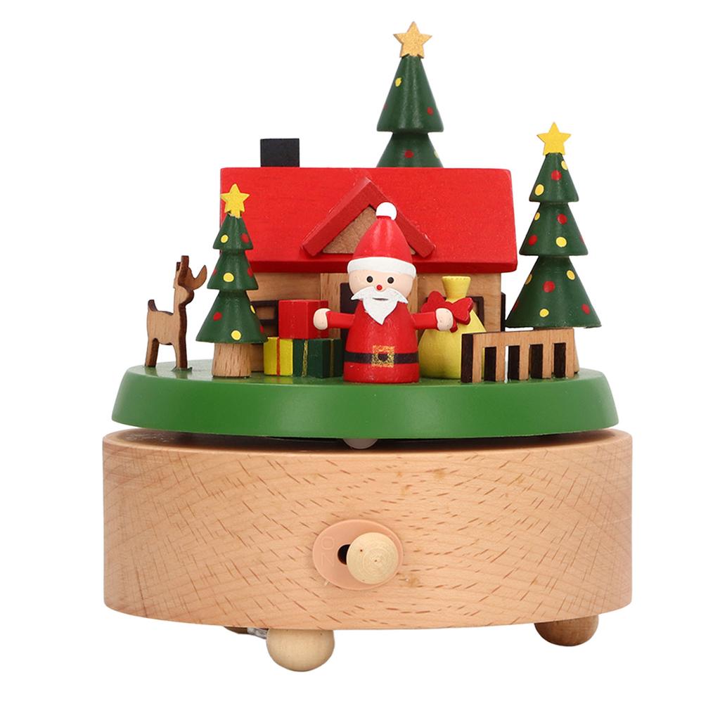 Wooden Rotating Music Box Round Bottom Santa House Christmas Music Box for Decoration Wooden Round