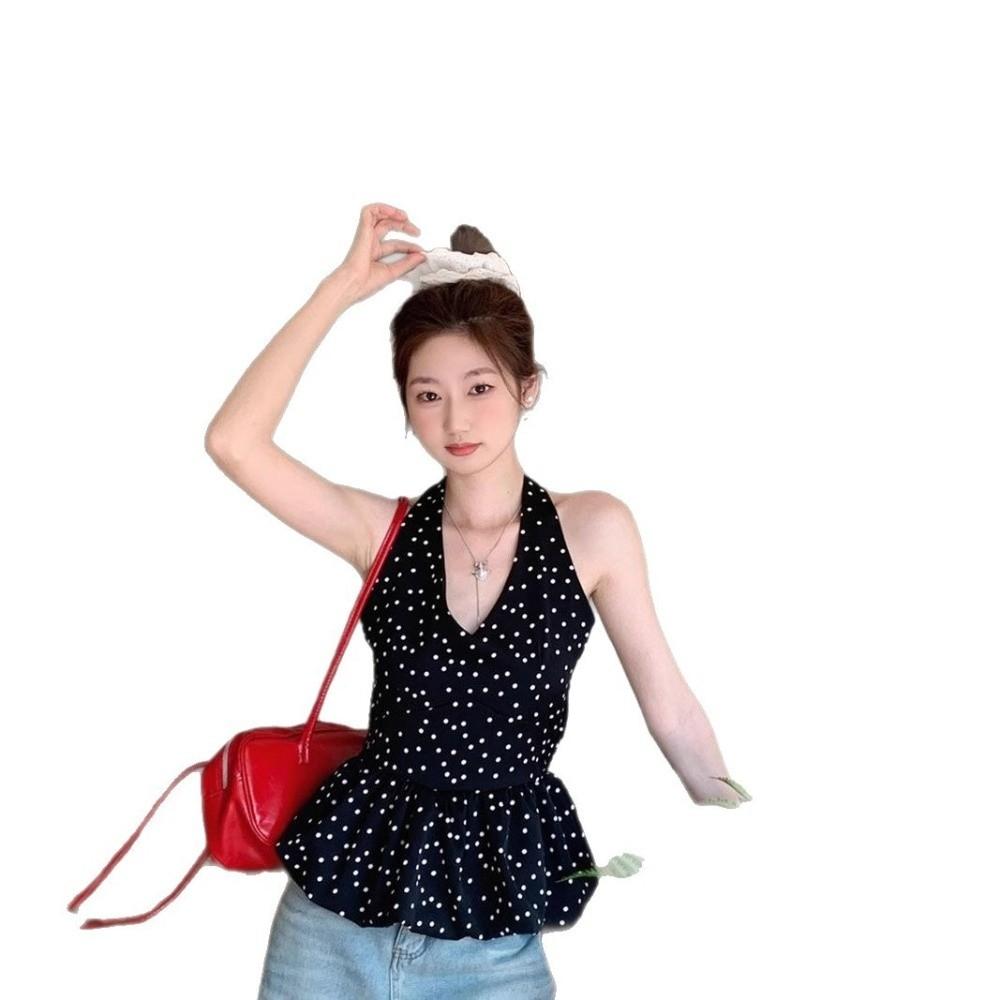 Y2k Halter Ruffle Vest Top Polka Dot Women Camisole Comfortable Sleeveless Crop Top  Female