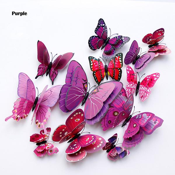 New Style 12Pcs Double Layer 3D Butterfly Wall Stickers Home Room Decor Butterflies For Wedding Decoration Magnet Fridge Decals KTY