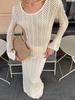 Women Summer Beach Knit Two Piece Set Hollow Out Flared Sleeve Top High Waist Long Skirt