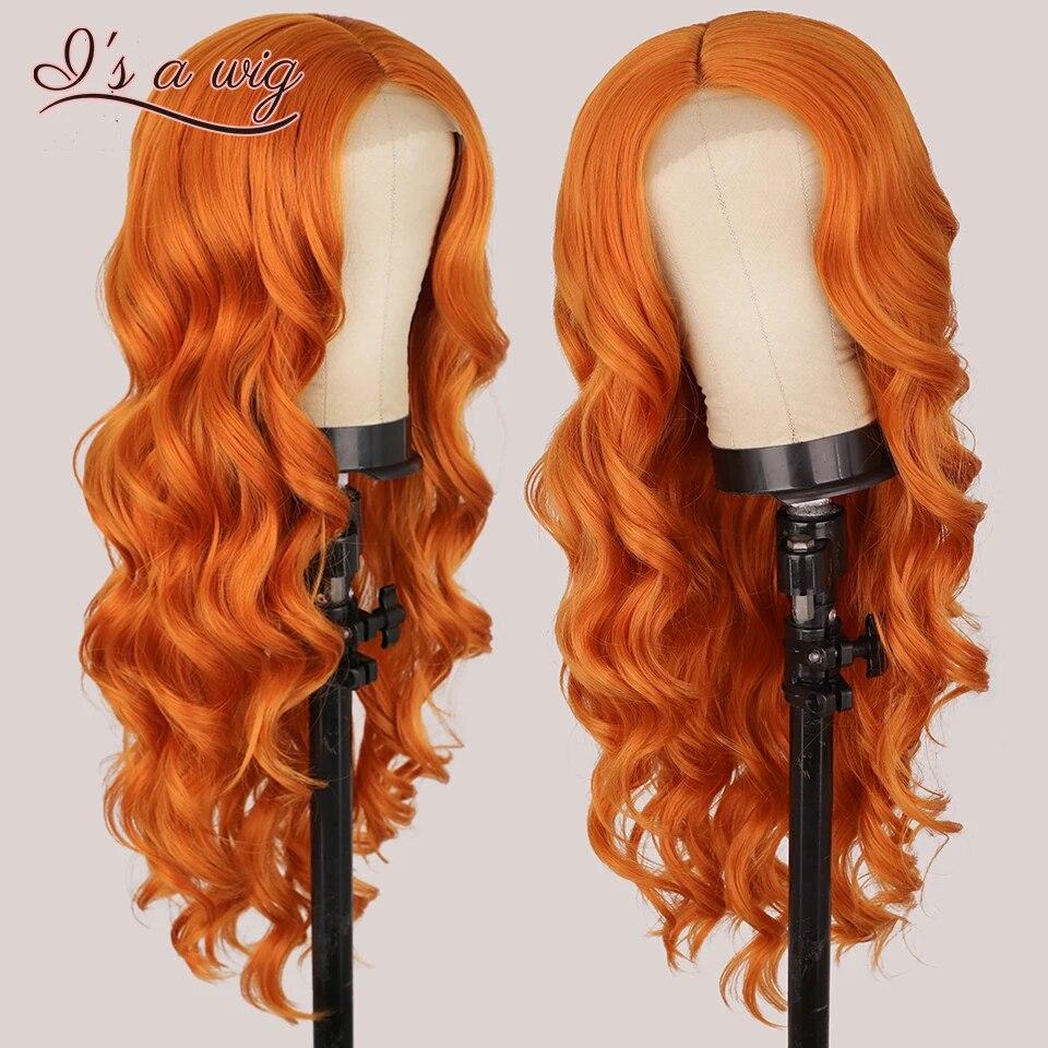 Long Body Wave Ginger Orange Wigs Synthetic Lace Wigs for Women Highlight Black Brown Middle Part Wig Cosplay Hair