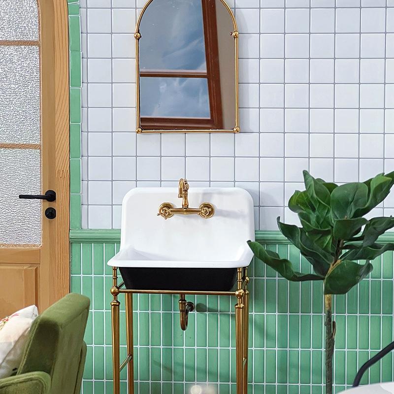 1:6 Dollhouse Miniature Kitchen Sink Lavatory Washbasin Water Faucet Bathroom Mirror Wash Sink Pot Model Diy Furniture Toy Decor