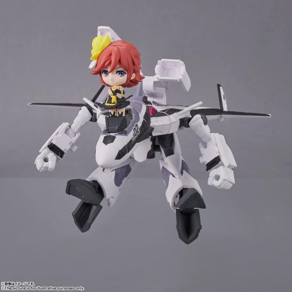 МИНИ-СЕАНС Macross Delta VF-31F Siegfried (Машина Мессер Ильефельд) с Канаме Буканир примерно. Подвижная фигурка из окрашенного ПВХ и АБС-пластика высотой 100 мм