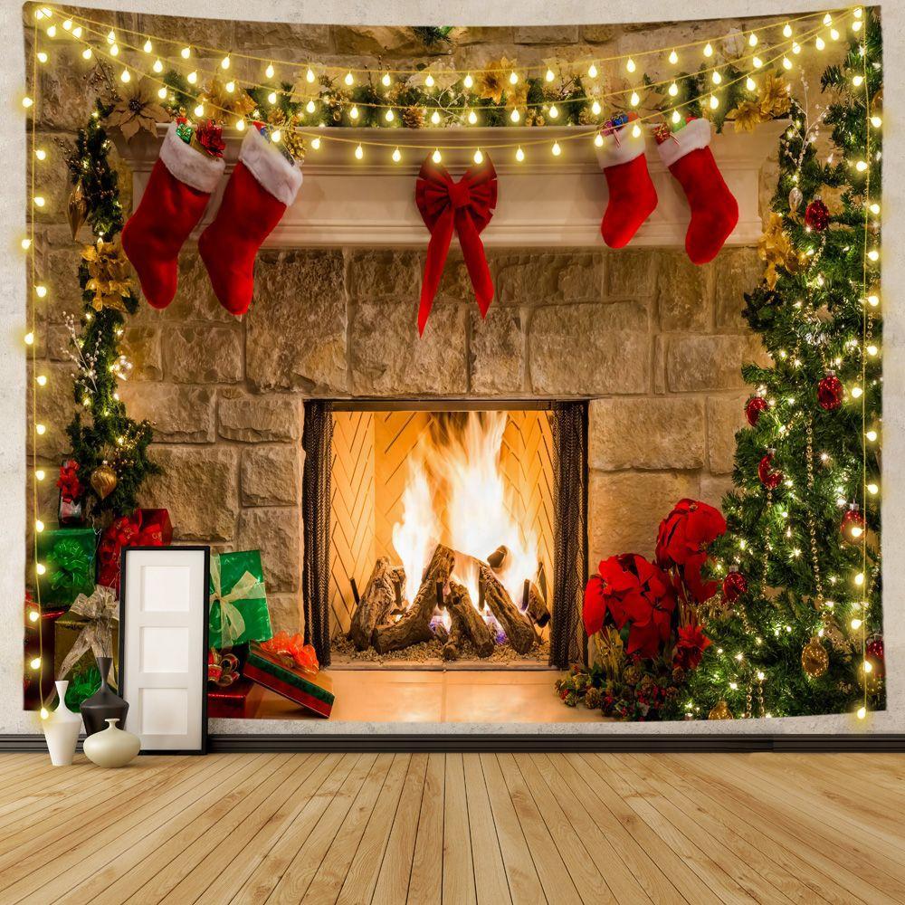Подарочное украшение с рождественской елкой, камин, гобелен с принтом, украшение для дома, гостиной, спальни, гобелен