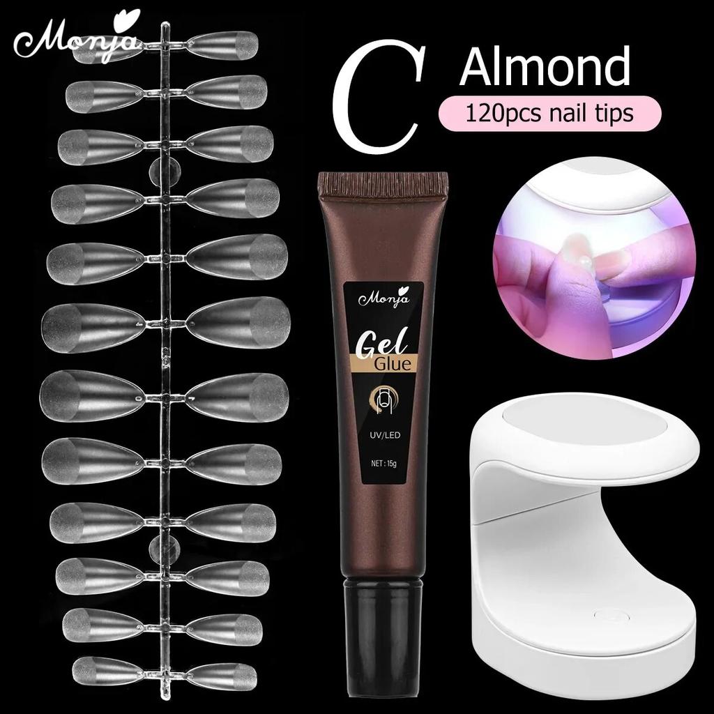 monja 3 шт., набор для наращивания акрилового дизайна ногтей, 6 Вт, светодиодная лампа для сушки, 15 г, УФ-гель, клей, матовый квадратный длинный гроб, миндаль, клей для накладных накладных кончиков