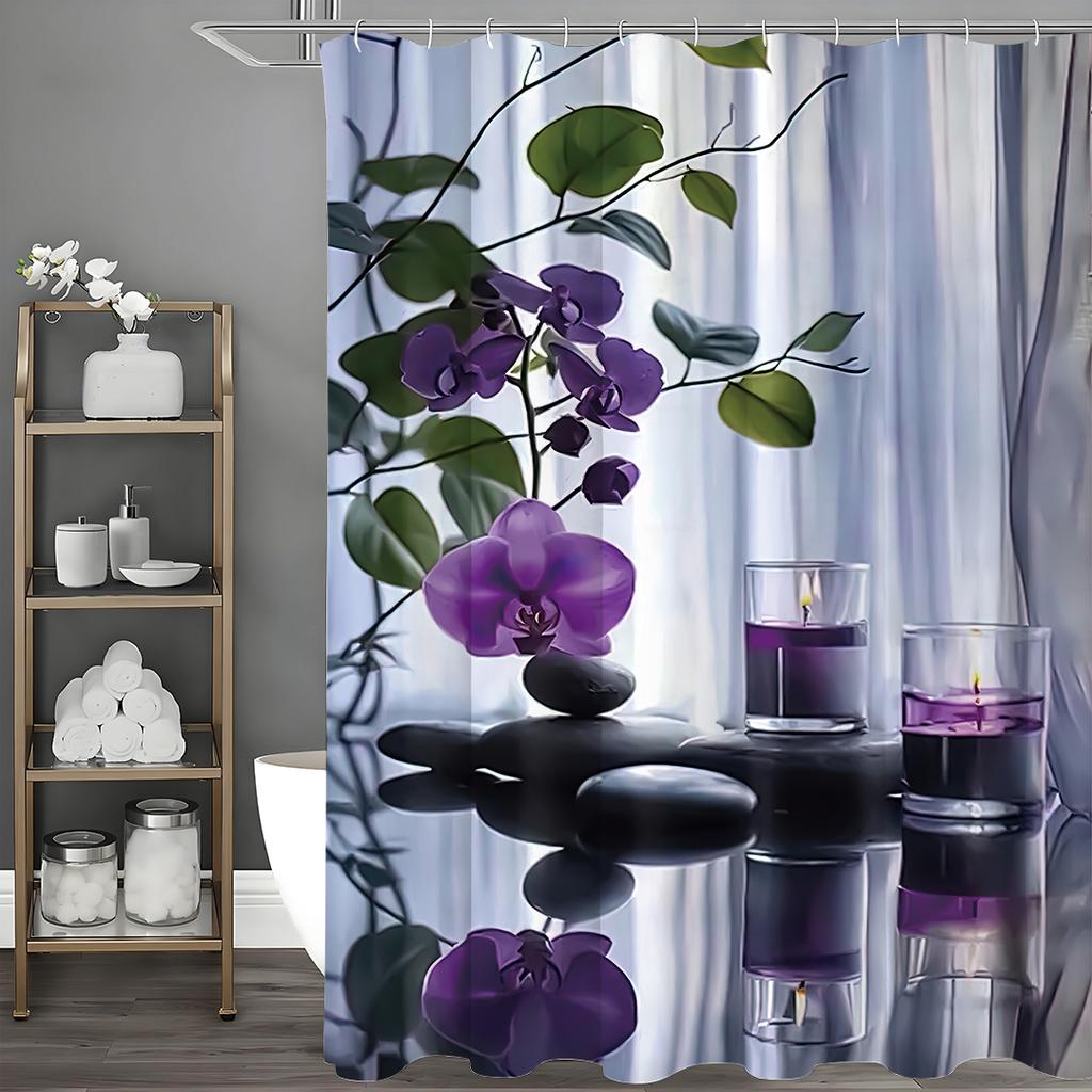 Zen Spa Healing Black Stone and Wisteria Shower Curtain, Bathroom Decorative Shower Curtain, Waterproof Shower Curtain with Hook
