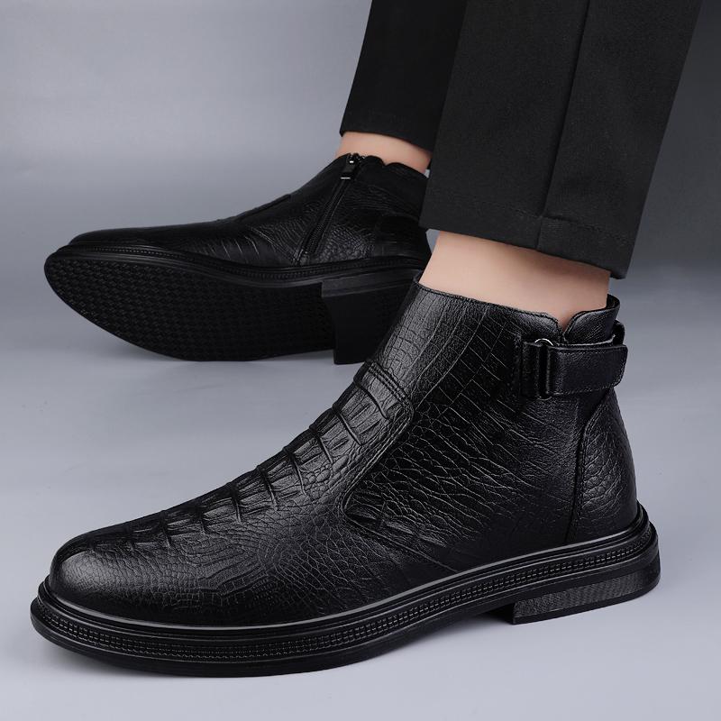Модные мужские ботинки с тиснением под крокодила из натуральной кожи, зимняя обувь, новые теплые ботинки на плюшевом меху, базовая модель, роскошные удобные ботинки челси