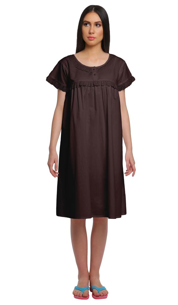 Moomaya Cotton Lace Neckline Sleepwear For Ladies Round Neck Womens