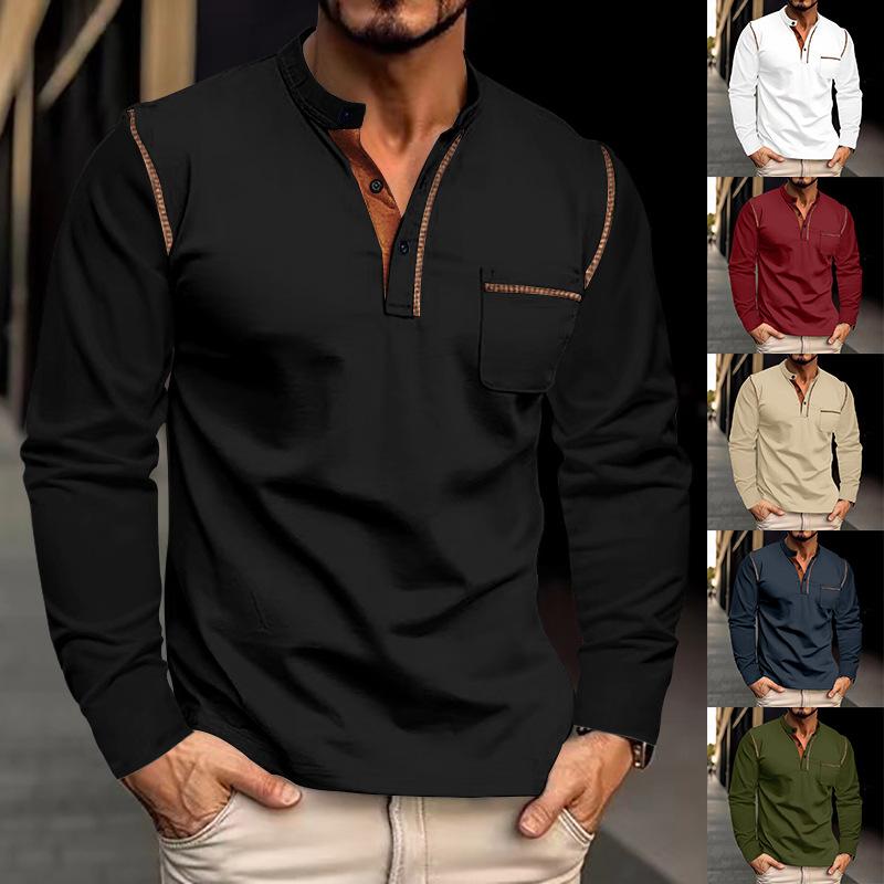 Мужская рубашка поло в европейском и американском стиле на весну и осень, свитшот с воротником-стойкой на пуговицах, длинным рукавом и карманом